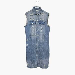 Carole Christian Long Sleeveless Distressed Denim Dress Button-Up Size Large